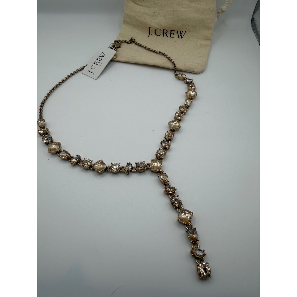 J.Crew Crystal Drop Lariat Necklace Antique Gold Tone Champagne Statement NWT